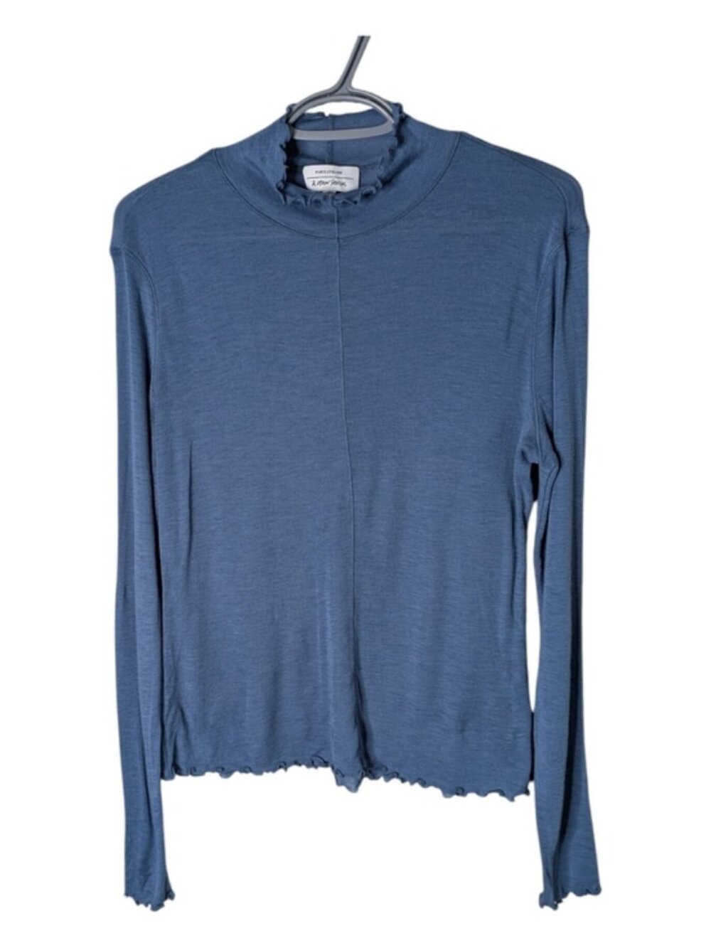 Paris Atelier & Other Stories Frilled Tight Mock Neck Top Wool Blend Blue Size M